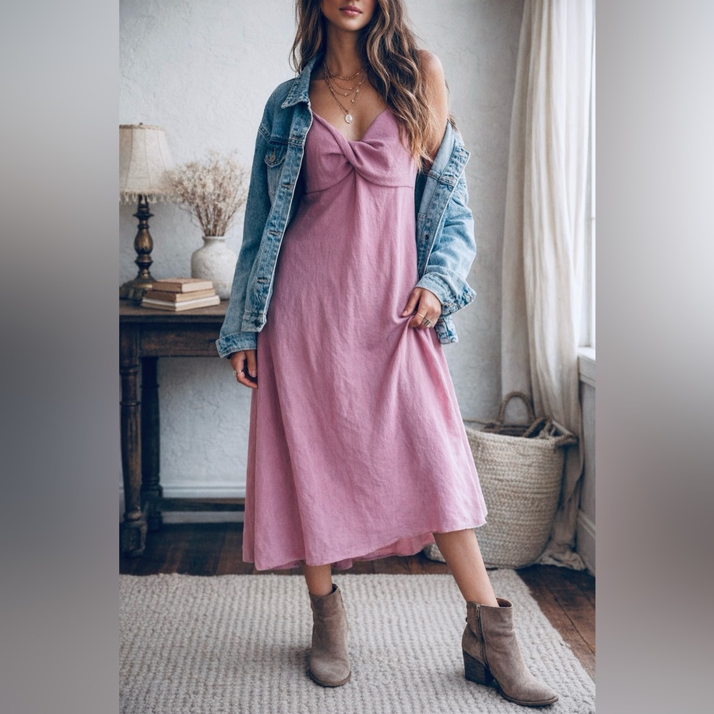 Y2K Anthropologie See You Monday Pink Slip Dress Twist Bust Boho Midi Size Large